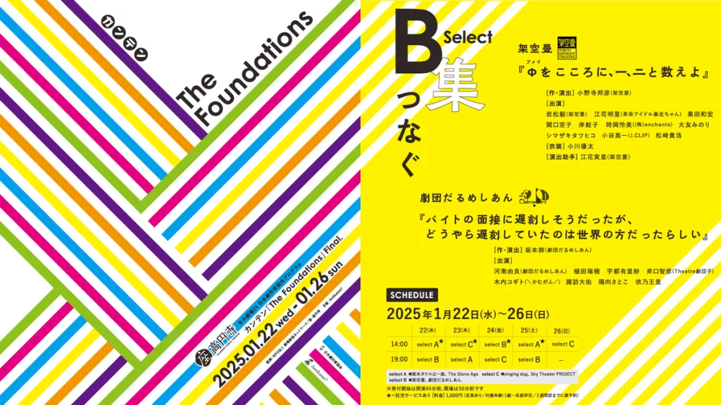 カンテン「The Foundations」Final. Select Bの案内。架空畳と劇団だるめしあんの出演者、1月22日・24日・25日の上演回